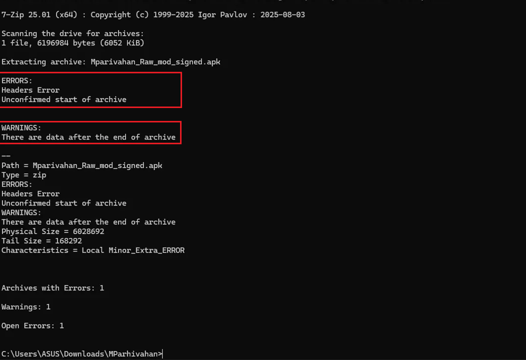 Figure 3: 7zip failed